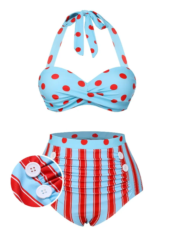 Casual Weekend Relaxed Style Blue 1940s Polka Dot Stripe Halter Swimsuit