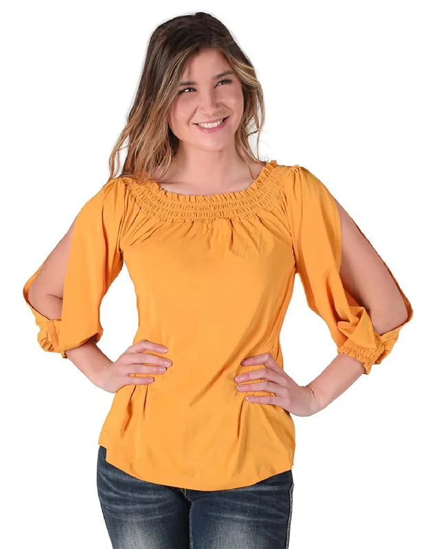 Beat The Heat In Tropical Styles Cowgirl Tuff Womens Flowy Cooling UPF Gold Nylon L/S Shirt