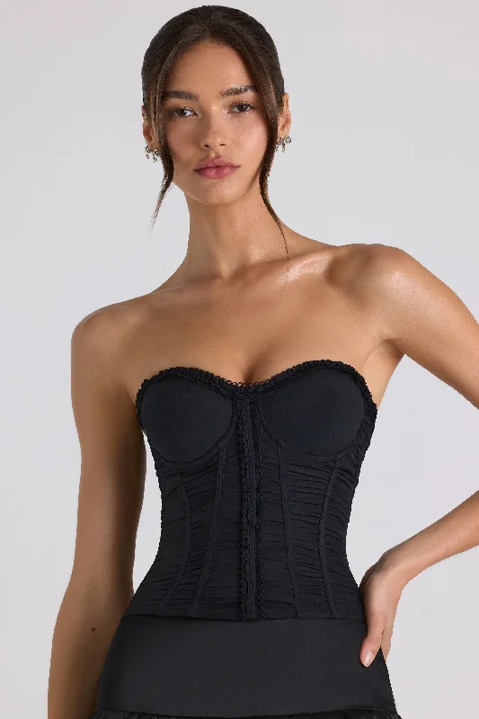 Limited Time Special Offer Ruched Lace-Up Strapless Corset Top in Black