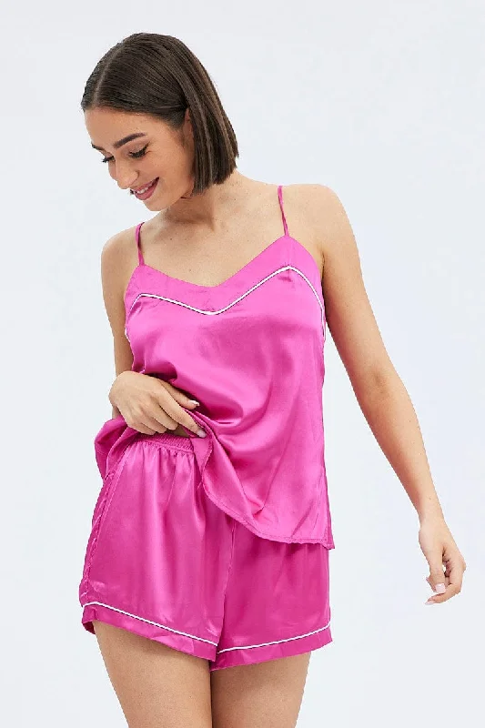 Athleisure Wear Special Offer Pink Cami PJ Contrast Piping Satin Pyjama Set