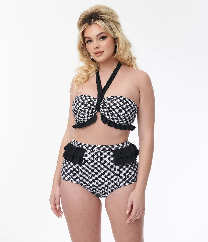 Get The Latest Trends Unique Vintage Black & White Bias Gingham Twist Front Halter Swim Top