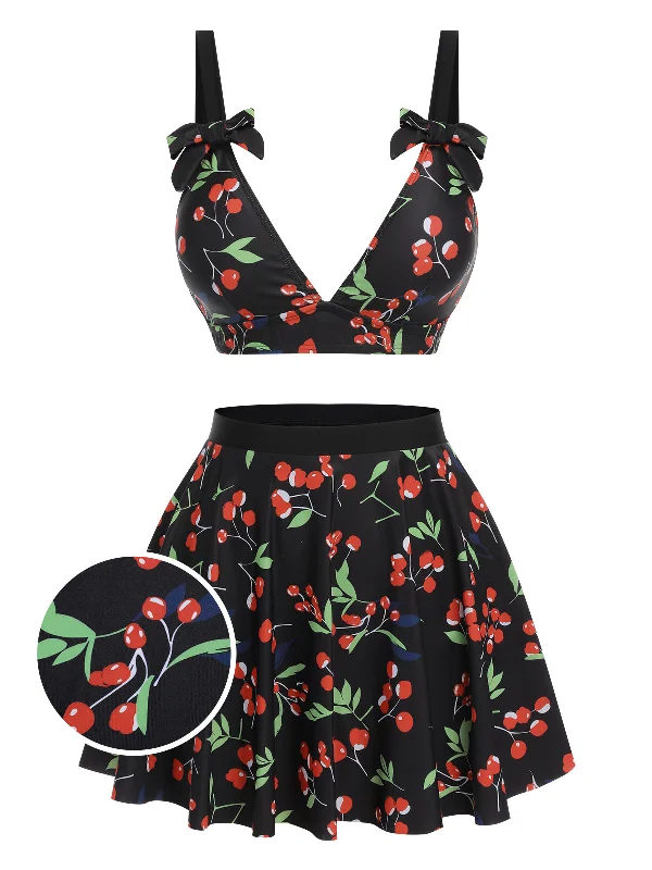 Trendy Street Style Attire Black 1950s Cherry Bow V-Neck Swimsuit