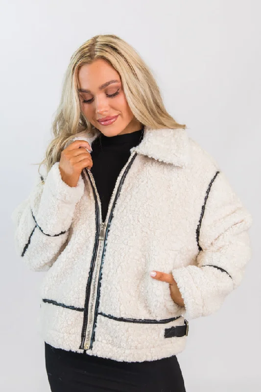 Casual Chic Clothing Under The Surface Cream and Black Sherpa Contrast Trim Jacket FINAL SALE