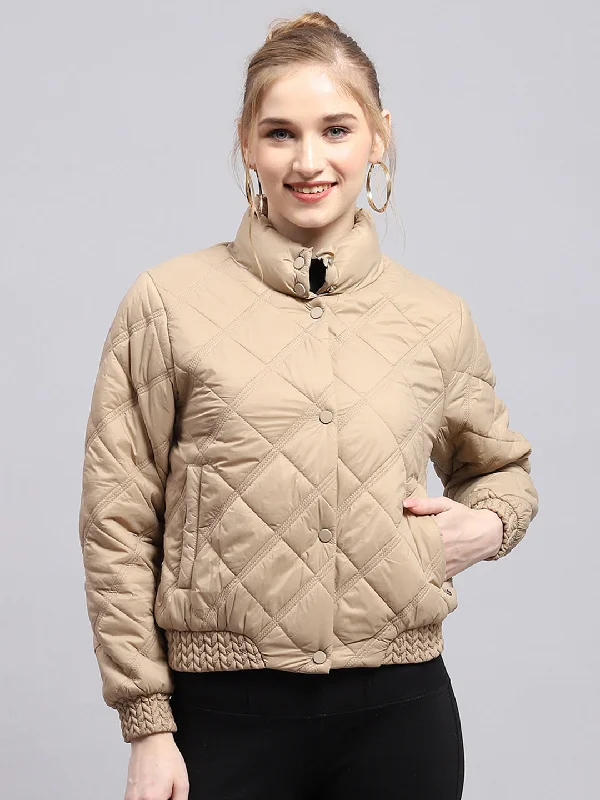 Style Redefined Women Beige Solid Mock Neck Full Sleeve Jacket