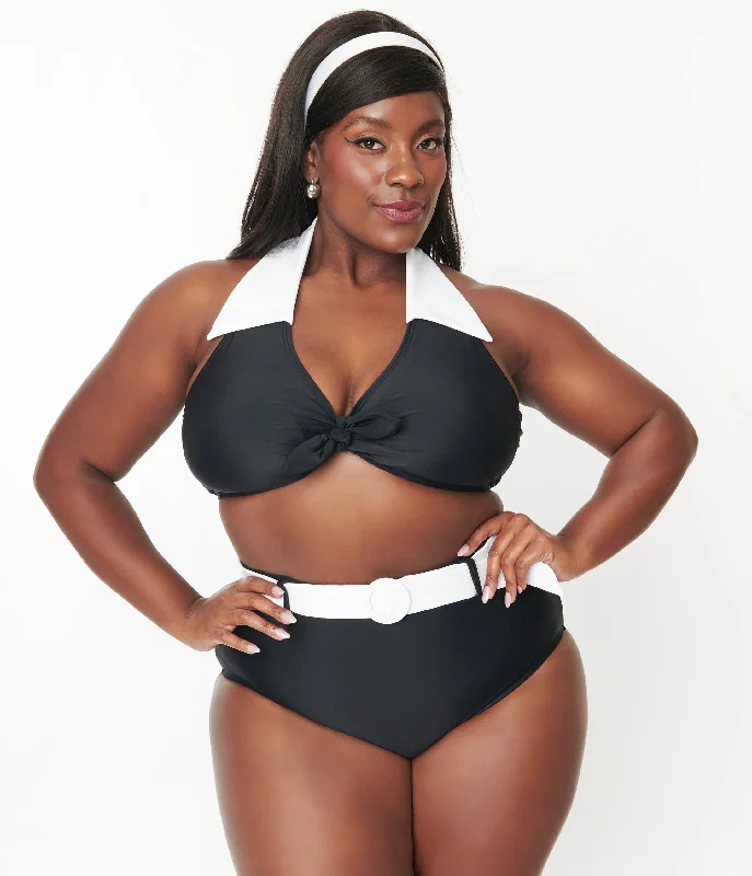 From Casual To Classy Unique Vintage Plus Size Black & White Halter Swim Top