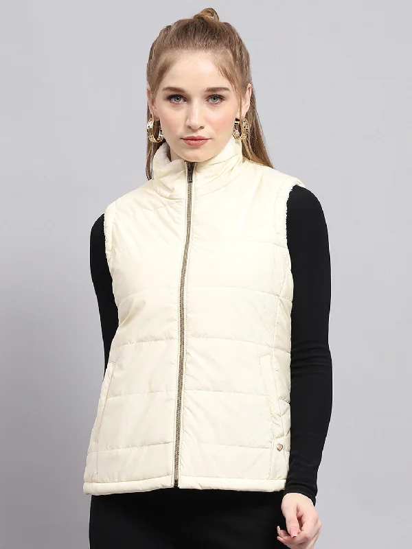 Mega Sale Women Off White Solid Mock Neck Sleeveless Jacket