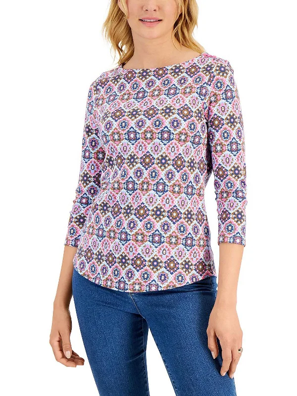 Sophisticated Outfits Petites Womens Pima Cotton Tile Print Blouse