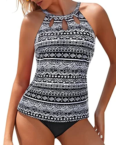 Women's Urban Fashion High Neck Two Piece Tankini Bathing Suit Tummy Control Tankini Bottom for Women