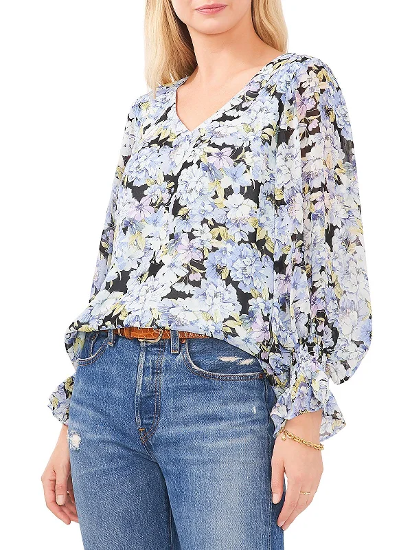 Chic Casual Style Womens Floral Print V-Neck Blouse