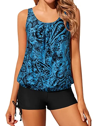 Save Big Adjustable Side Ties Swimsuits For Women Tops Boyshorts-Black And Tribal Blue