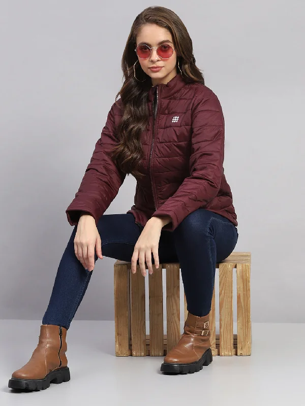 Elegant Styles Women Rust Solid Mock Neck Full Sleeve Jacket