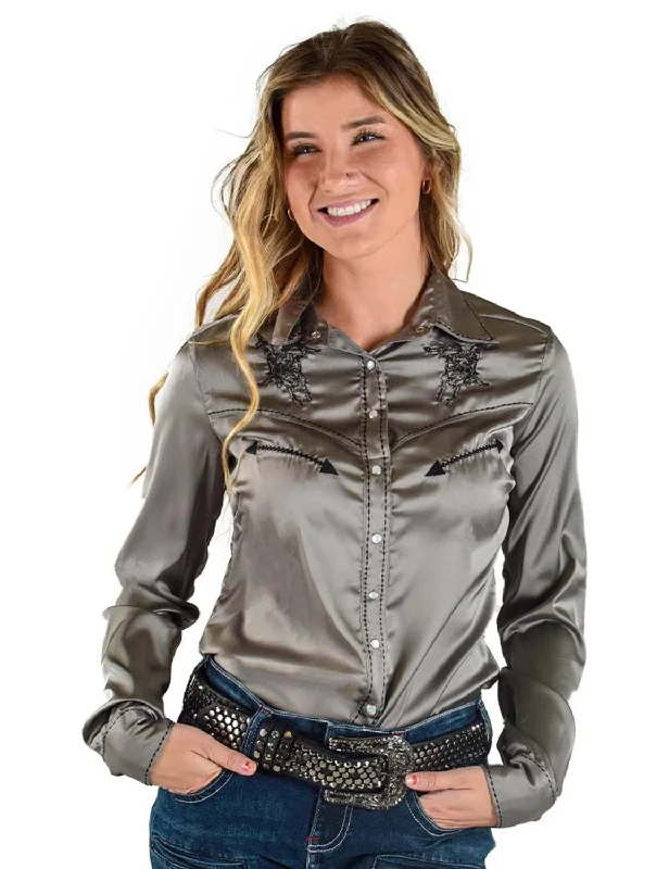 Holiday Sale Cowgirl Tuff Womens Stretch Satin Pullover Silver/Black Polyester L/S Shirt