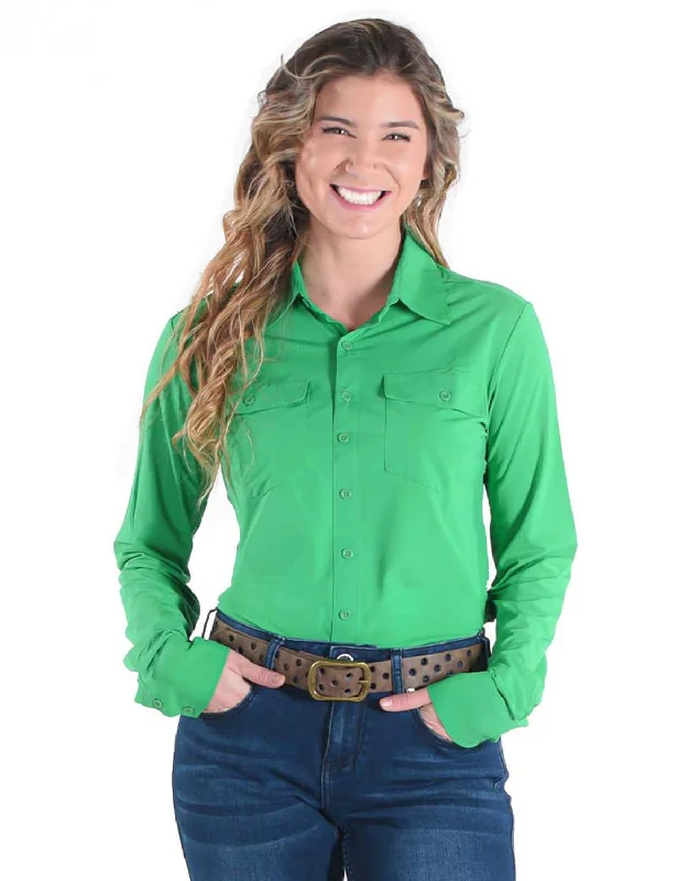 Winter Warm - Up Sale Cowgirl Tuff Womens Cooling UPF Button Up Money Green Nylon L/S Shirt