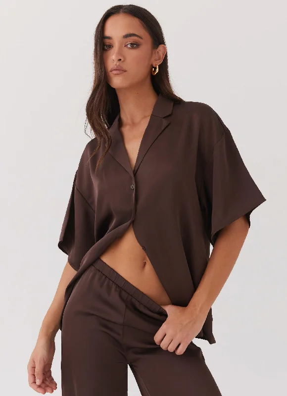 Free Spirited Fashion Palm Cove Satin Shirt - Chocolate