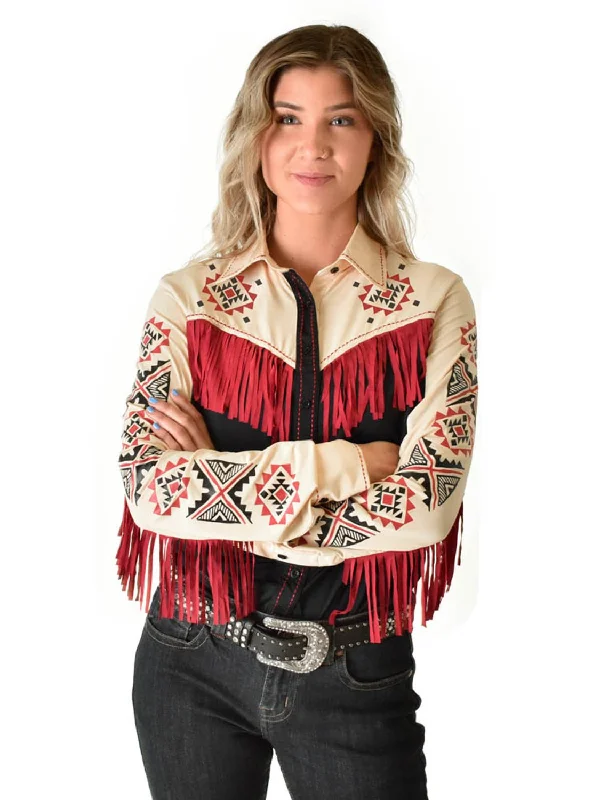 Fashion-Forward Cowgirl Tuff Womens Fringe Pullover Black/Cream Nylon L/S Shirt