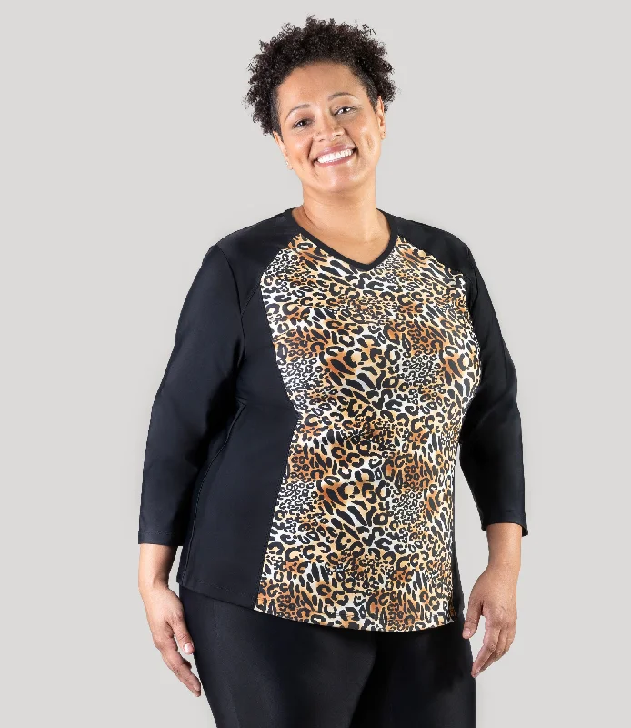 Save On Classic Elegant Styles QuikEnergy 3/4 Sleeve Rash Guard Leopard Print Black