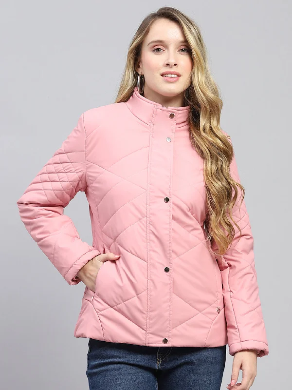 Snag Fabulous Fashion Bargains Women Pink Solid Mock Neck Full Sleeve Jacket