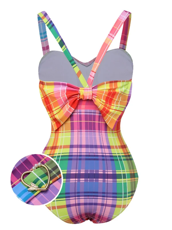 Elegant Style Multicolor 1970s Rainbow Plaid Bow Swimsuit