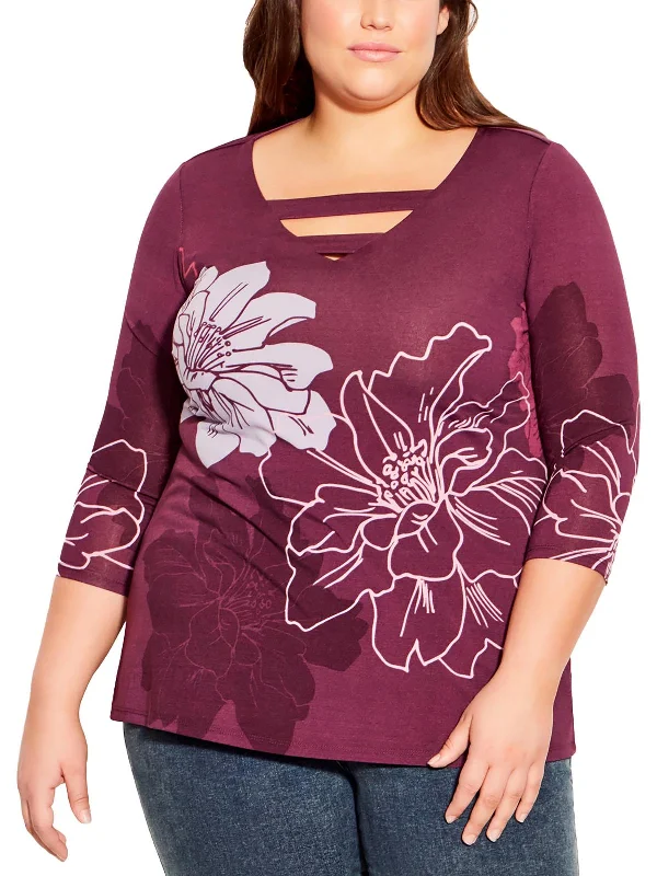 Relaxed Style Plus Womens Floral V-Neck Blouse