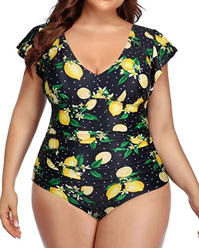 Trendy Women's Collection V-Neck Bathing Suits Ruffles Plus Size Swimsuits For Women-Lemon