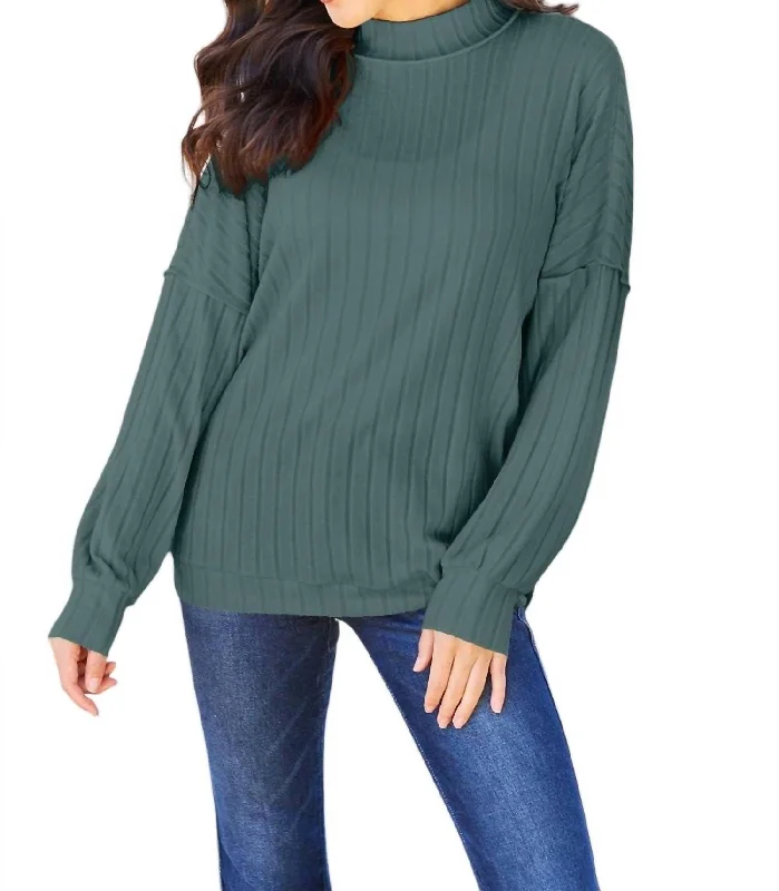 Travel Essentials Sleek Ribbed Mock Neck Knit Top In Teal