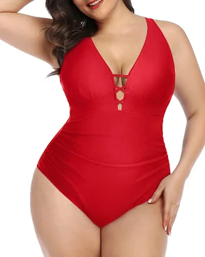 Season Appropriate Women's Collection Push Up Padded Bra Plus Size Deep V Neck One Piece Swimsuit-Red