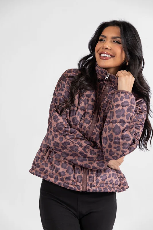 Fashion Forward Vail Valley Brown Leopard Quilted Zip Up Jacket FINAL SALE