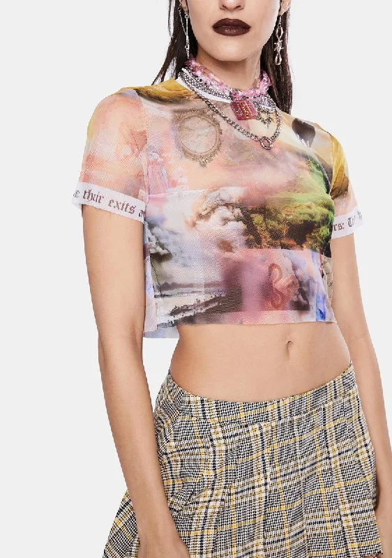 Trendy Women's Wear Collection Scenic Print Mesh Crop Top