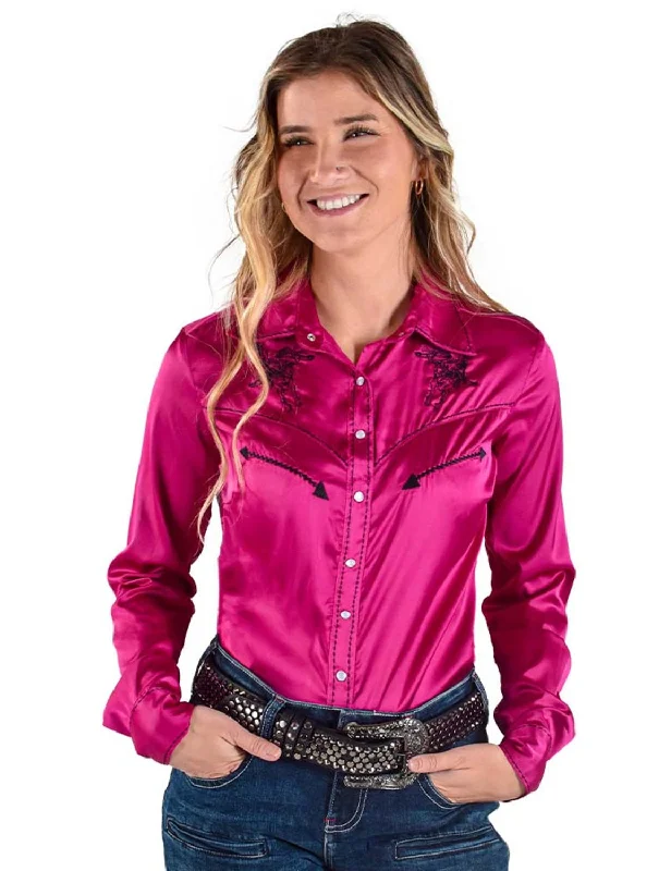 Big Savings On Rustic Countryside Styles Cowgirl Tuff Womens Stretch Satin Pullover Pink/Black Polyester L/S Shirt