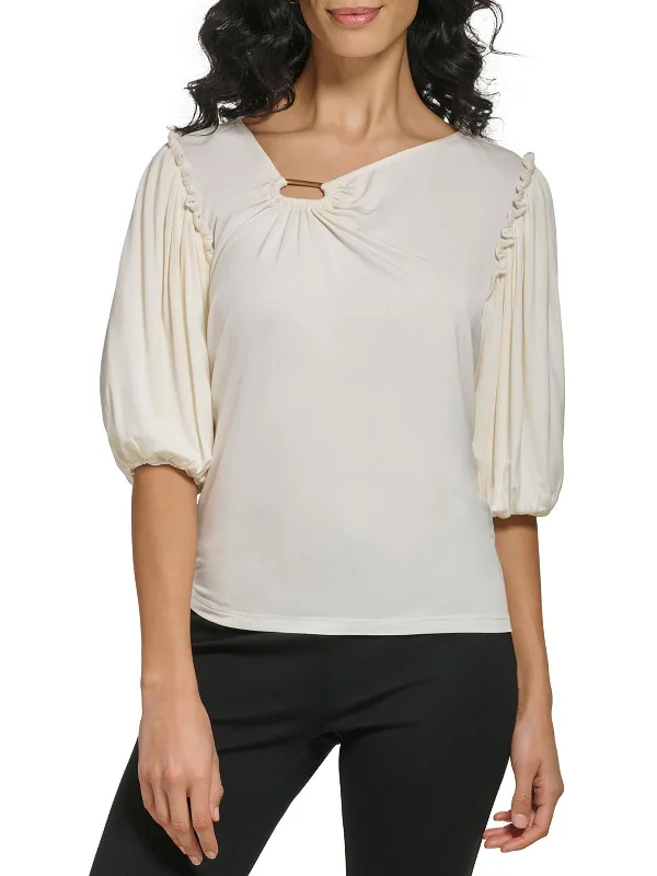 Feminine Grace Womens Embellished Puff Sleeve Blouse