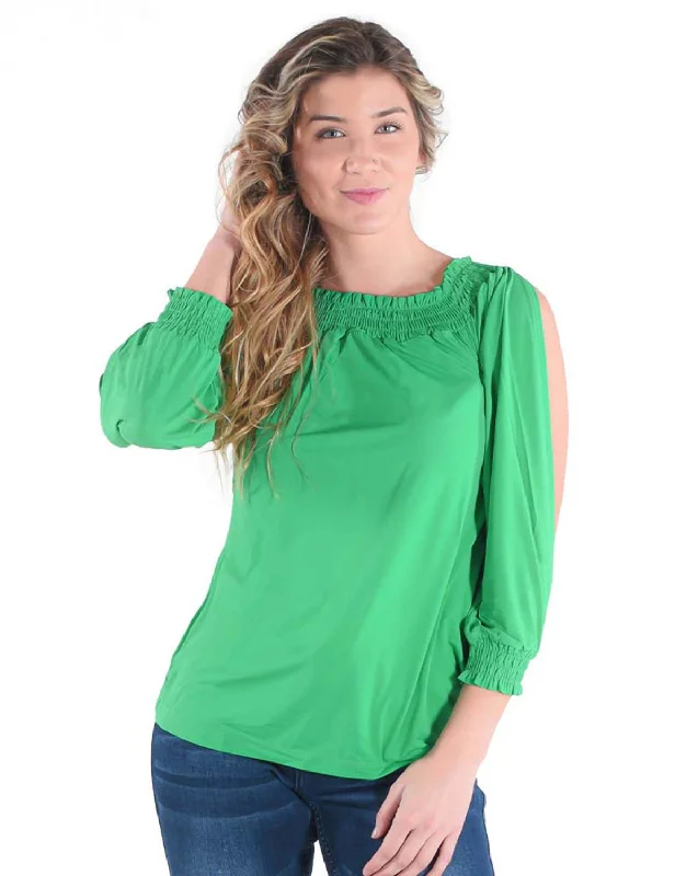 Summer Splash Sale Cowgirl Tuff Womens Cooling UPF Off Shoulder Money Green Nylon L/S Blouse