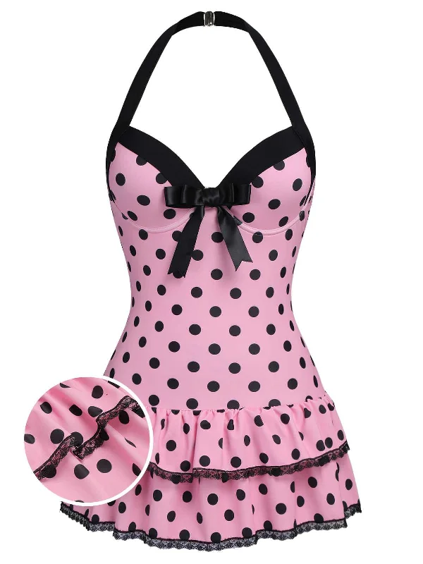 Chic Style, Always In Vogue Pink 1940s Halter Polka Dots Bow One-Piece Swimsuit