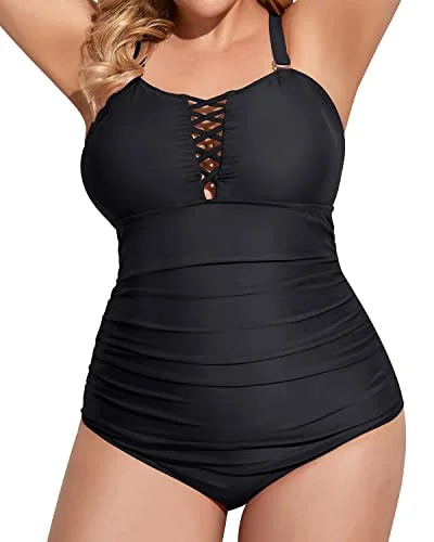 Flash Sale Starts Vintage Plus Size Deep V Neck One Piece Swimsuit Lace Up Swimwear-Black