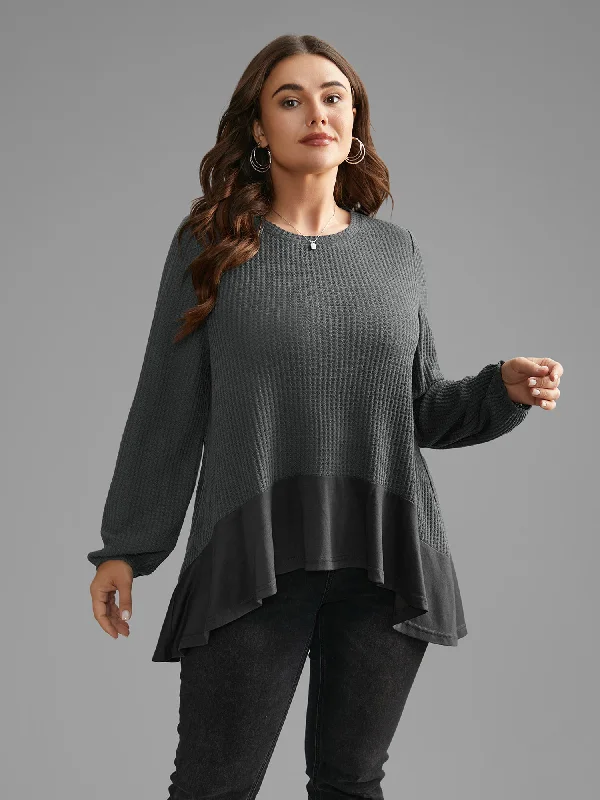 Timeless Elegance Redefined Waffle Knit Patchwork High Low Hem T-shirt