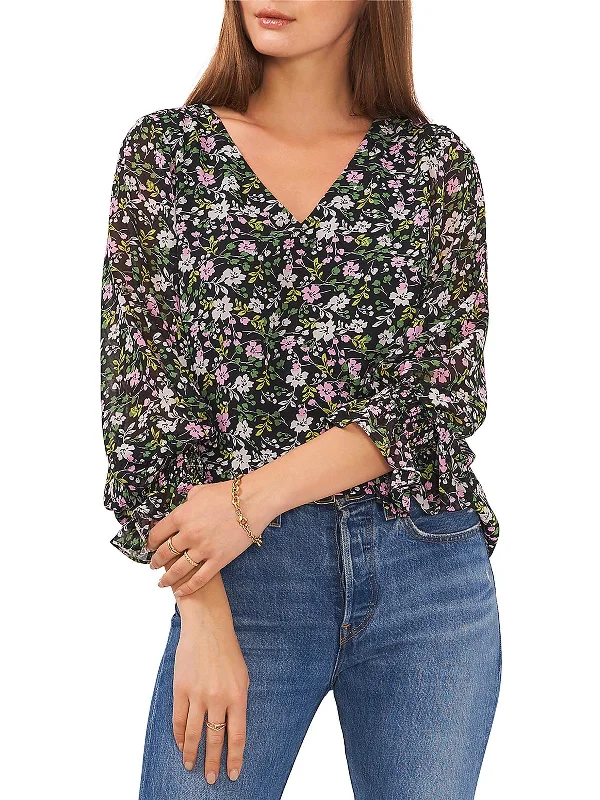 Graceful Fashion Womens Floral Print V-Neck Blouse