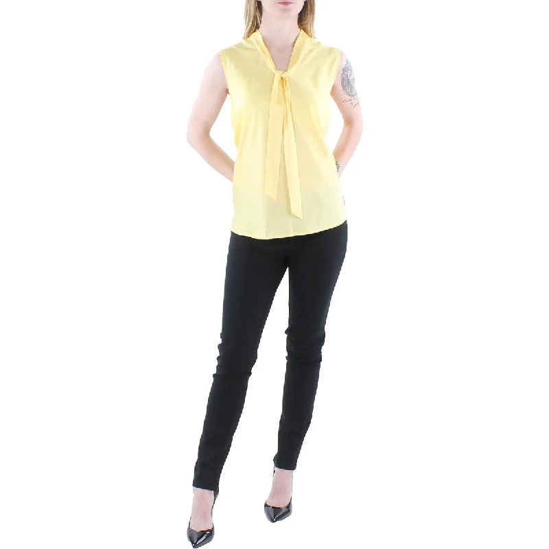 Elegant Clothing Petites Womens Satin Tie Neck Blouse