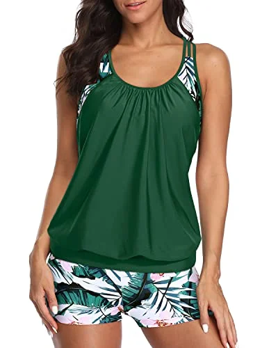 New Arrivals Modest Coverage Tankini Swimsuits T-Back Blouson Tops And Boy Shorts-Green Tropical Floral