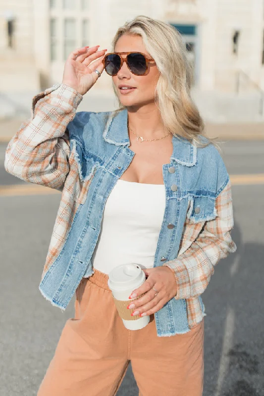 Casual Weekend Relaxed Style Leads To You Brown Plaid and Denim Jacket