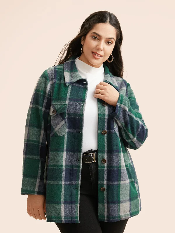 Versatile Style Wardrobe Plaid Shirt Collar Patched Pocket Jacket