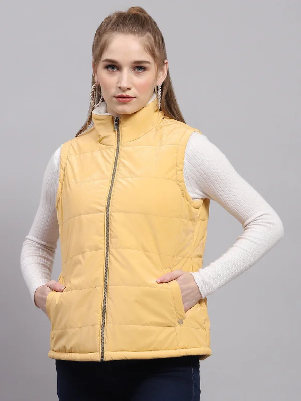 Durable Fashion Picks Women Yellow Solid Mock Neck Sleeveless Jacket