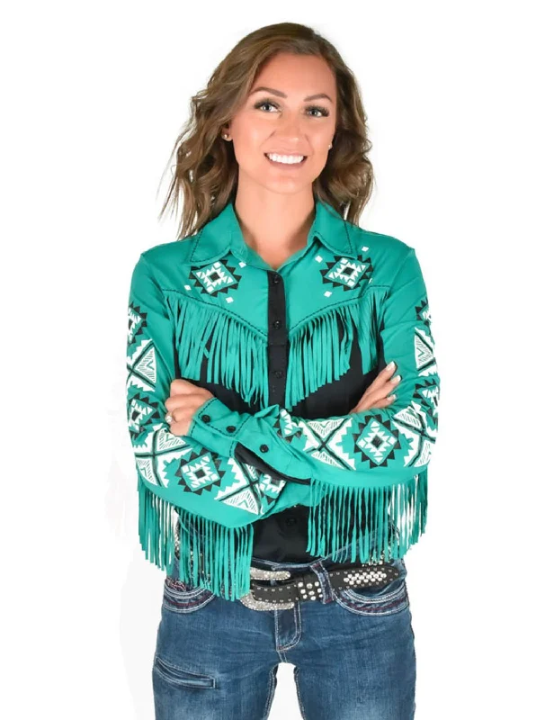 Special Occasion Wear Cowgirl Tuff Womens Fringe Pullover Turquoise/Black Nylon L/S Shirt