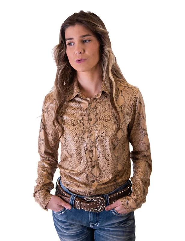 Exclusive Discount Cowgirl Tuff Womens Snakeskin Pullover Tan Polyester L/S Shirt