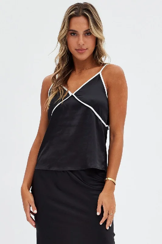 Runway Inspired Wear Black Contrast Cami Sleeveless V Neck Relaxed