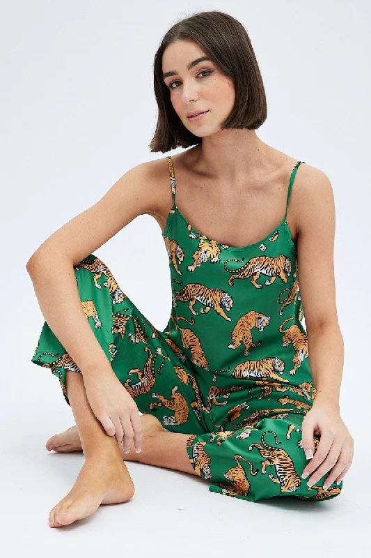 Trendy Aesthetics Green Print Tiger PJ Graphic Cami Pyjama Set