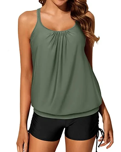 Chic Style Women's Push Up Drawstring Adjustable Blouson Tankini Swimsuits-Olive Green