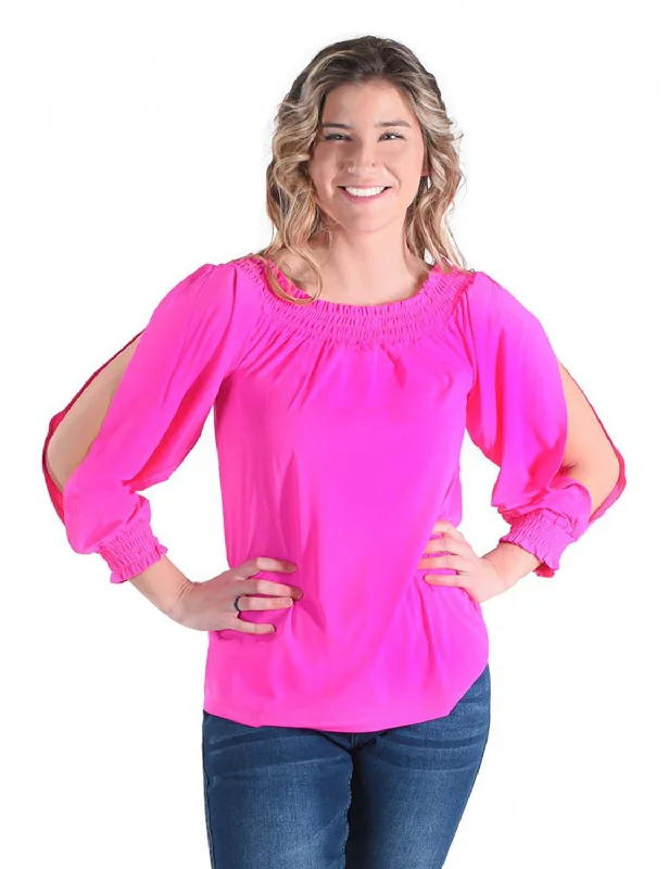 Spring Fling Sale Cowgirl Tuff Womens Cooling UPF Flowy Hot Pink Nylon L/S Blouse