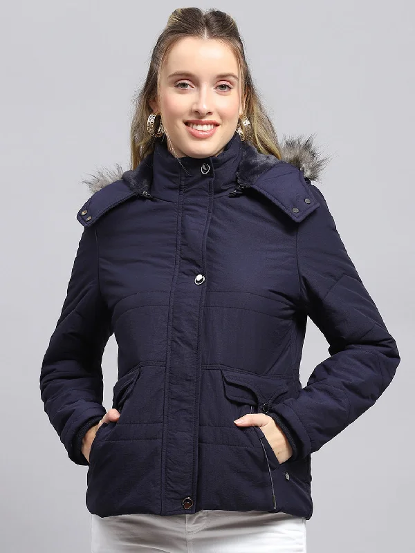 Trend Forward Women's Wear Women Navy Blue Solid Detachable Hood Full Sleeve Jacket