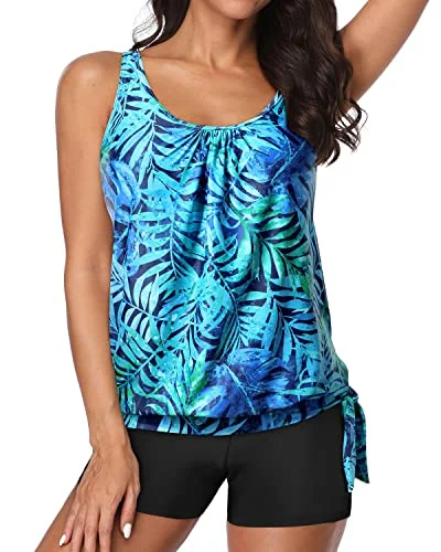 Alluring Design Boyleg Bottoms Padded Bra Tankini Bathing Suit For Women-Dark Blue Green Leaves