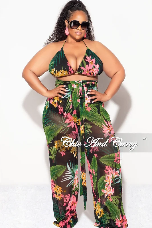 Casual Fashion Final Sale Plus Size 3pc Poolside Playsuit (Bikini Top, High Waist Bottoms & Pants) Set in Black & Pink Floral Print Queen