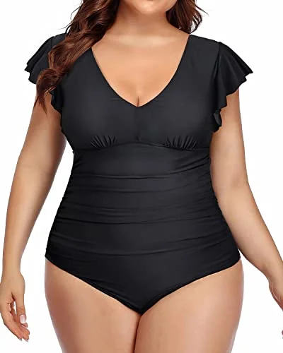 Sale Event, Prices Rock One Piece Tummy Control Ruffle Swimsuits Plus Size Swimwear For Women-Black